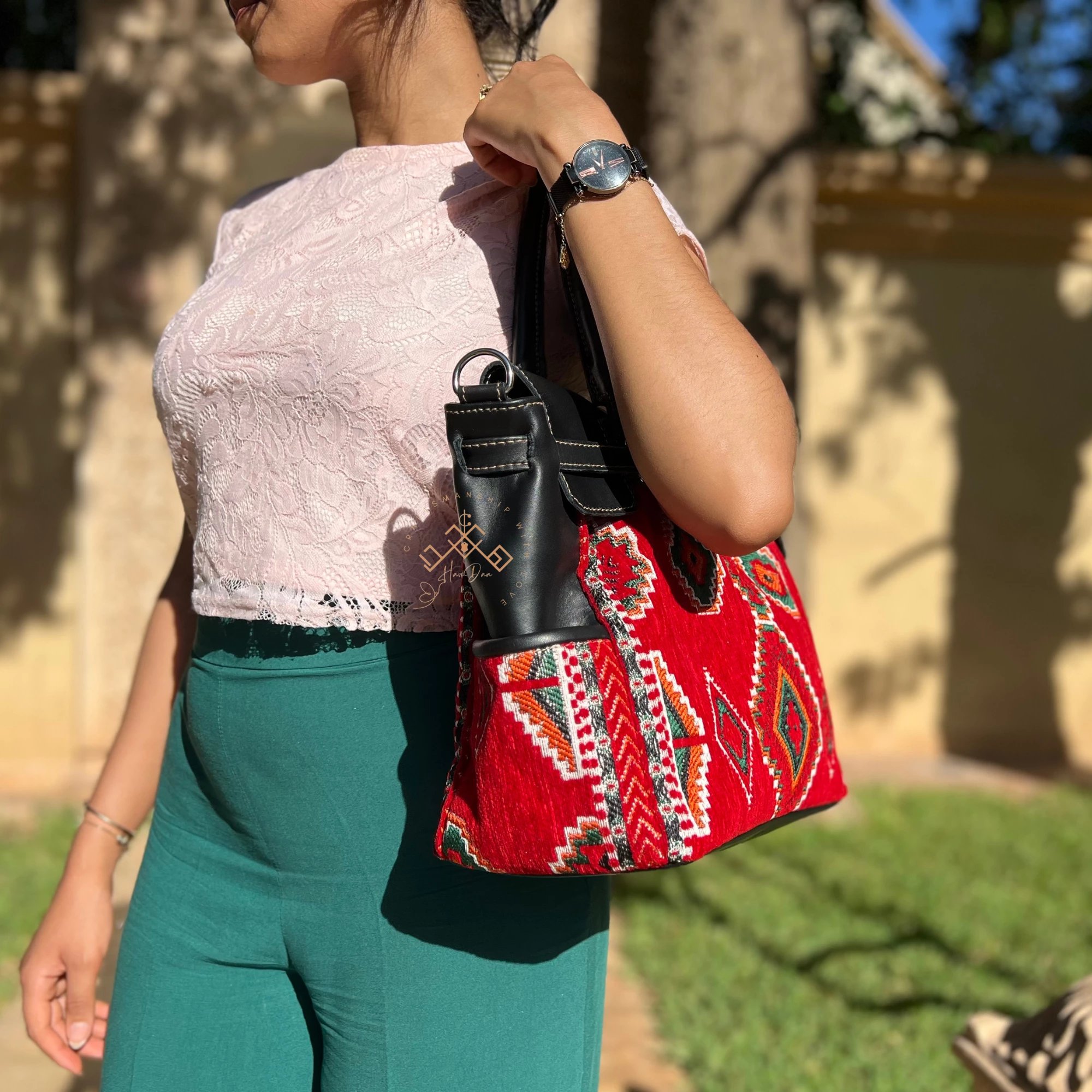 Black Leather Kilim Handbag - Luxe Red Kilim Shoulder Bag - Image 6