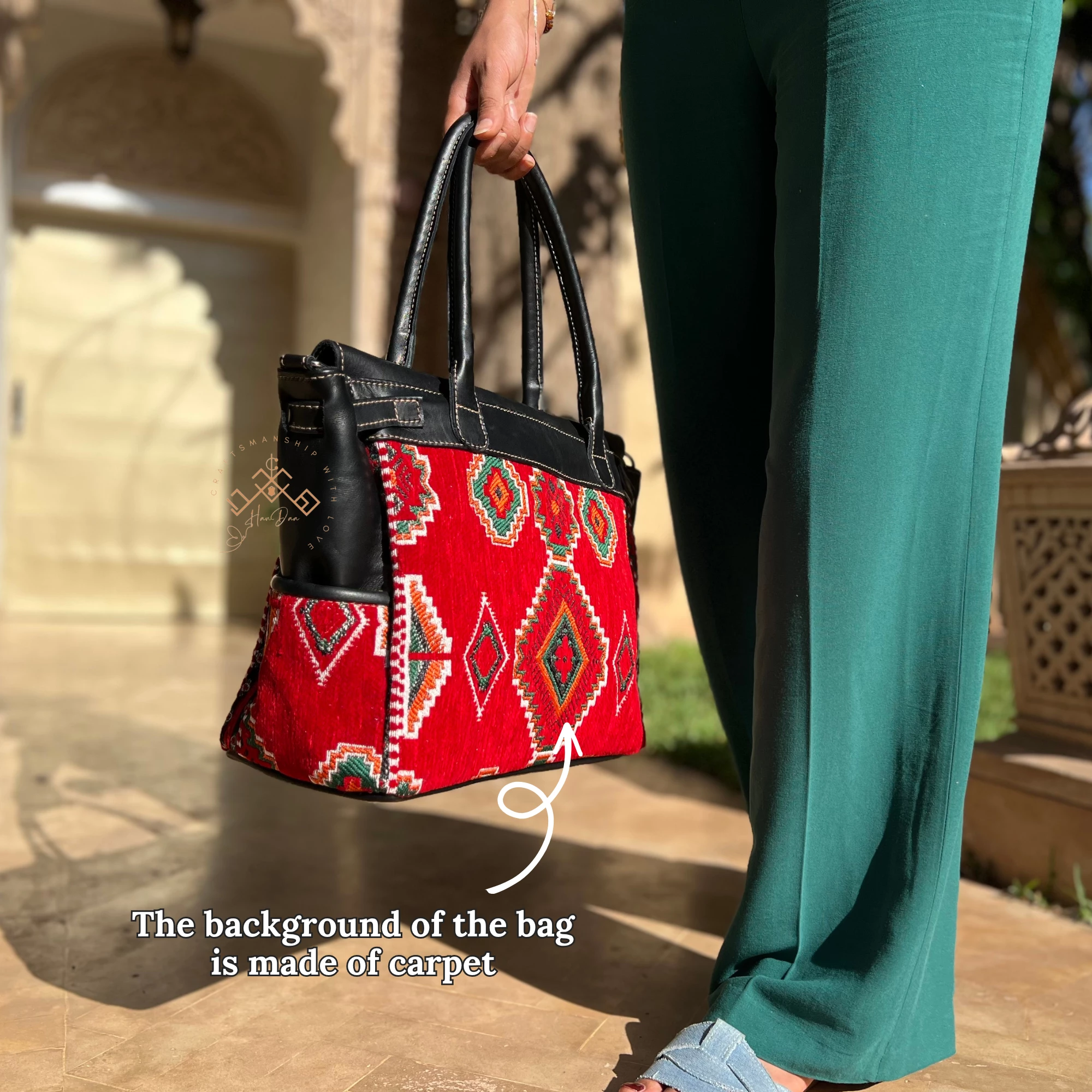 Black Leather Kilim Handbag - Luxe Red Kilim Shoulder Bag - Image 4