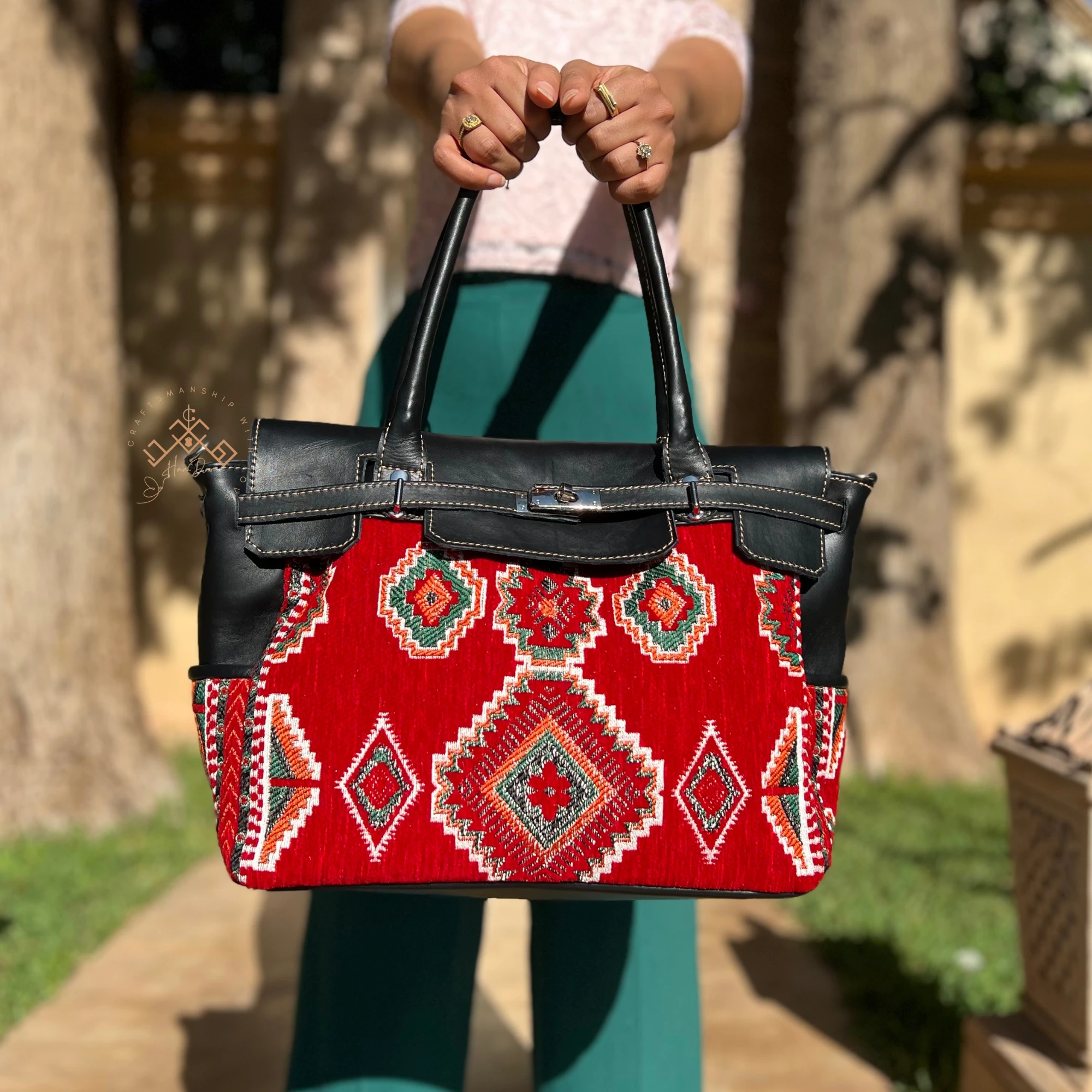 Black Leather Kilim Handbag - Luxe Red Kilim Shoulder Bag - Image 2