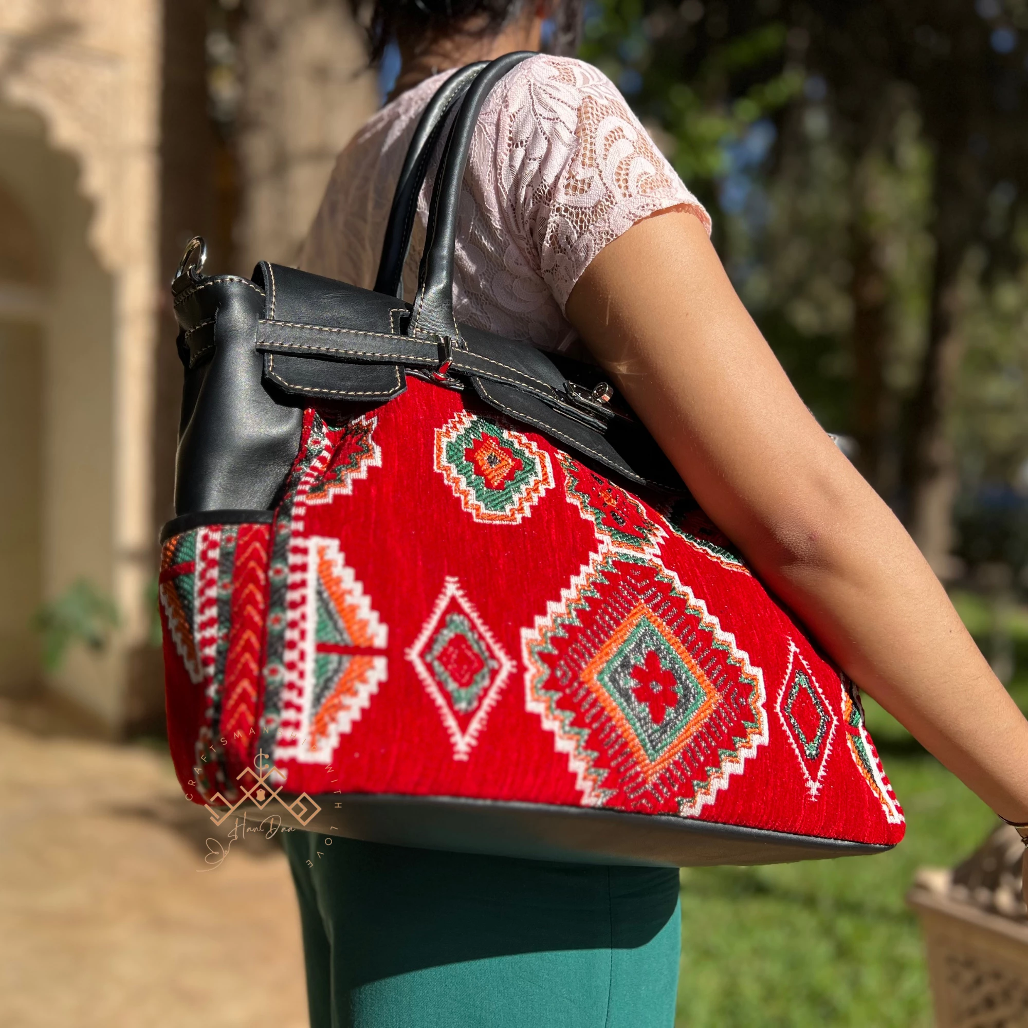 Black Leather Kilim Handbag - Luxe Red Kilim Shoulder Bag - Image 3