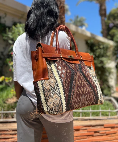 Large Brown Genuine Leather Bag - Luxe Kilim Shoulder Bag for Women
