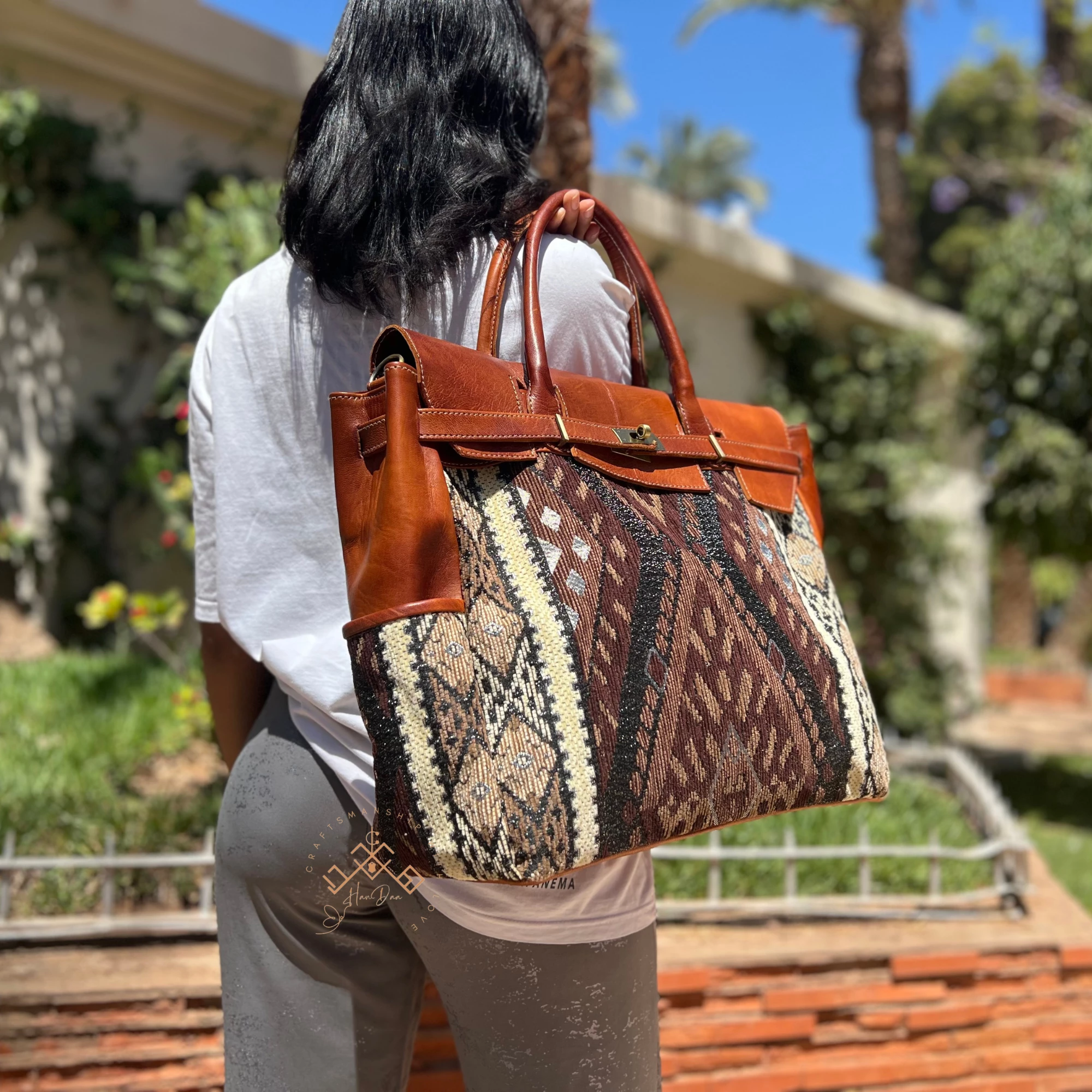 Large Brown Genuine Leather Bag - Luxe Kilim Shoulder Bag for Women