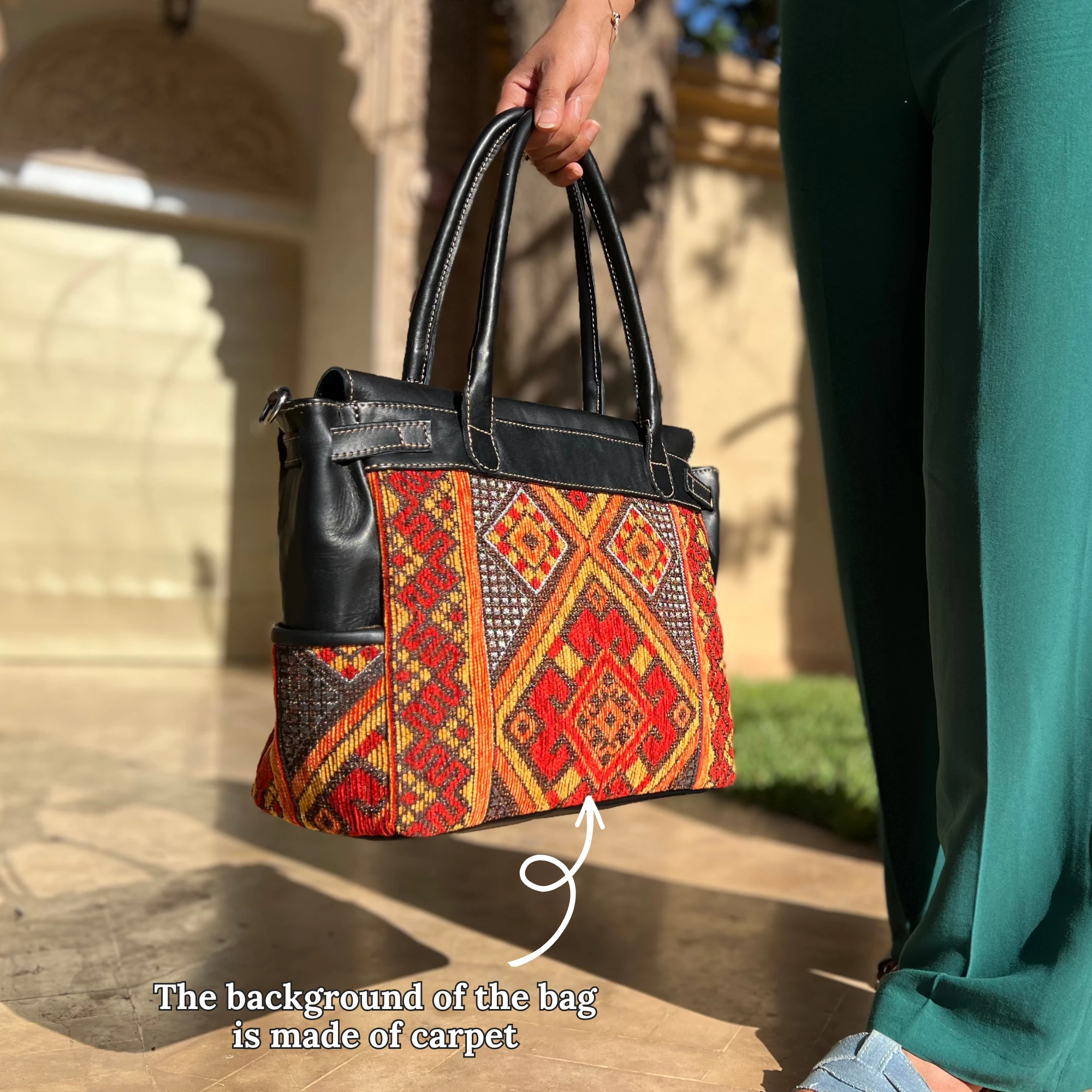 Artisan Black Leather Handbag - Luxe red-orange Kilim Shoulder Bag - Image 5