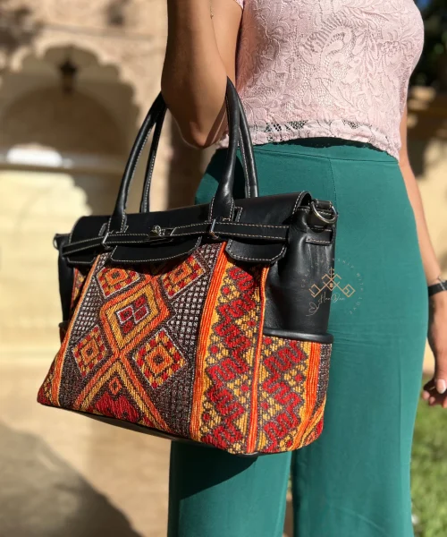 Artisan Black Leather Handbag - Luxe red-orange Kilim Shoulder Bag