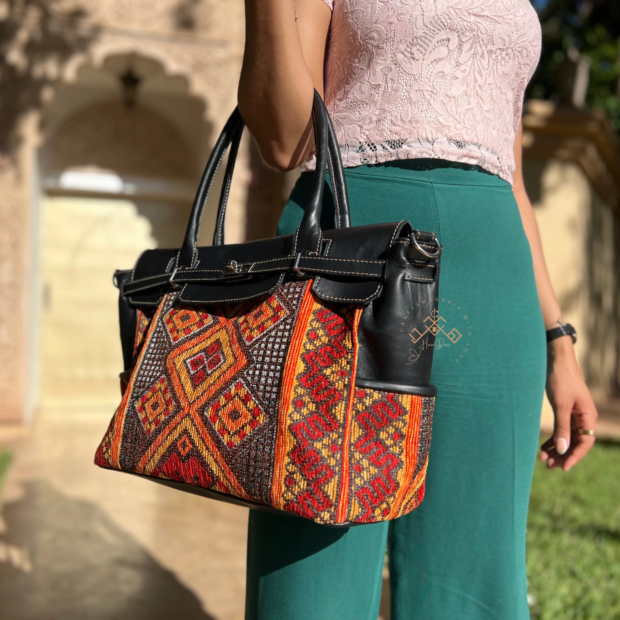 Artisan Black Leather Handbag - Luxe red-orange Kilim Shoulder Bag
