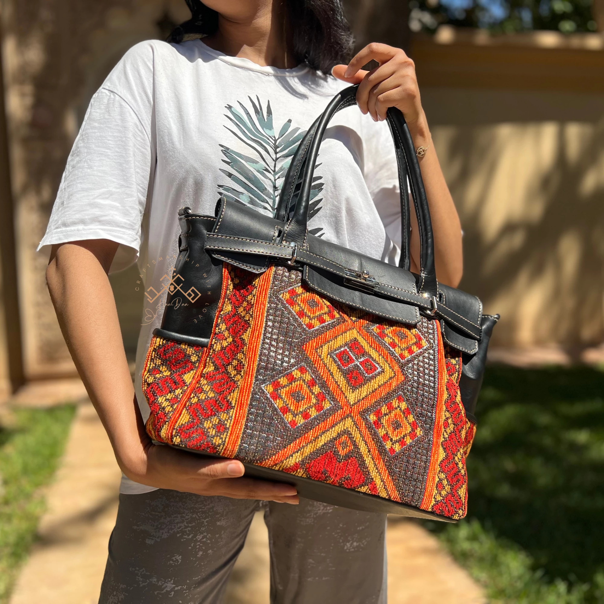 Artisan Black Leather Handbag - Luxe red-orange Kilim Shoulder Bag - Image 2