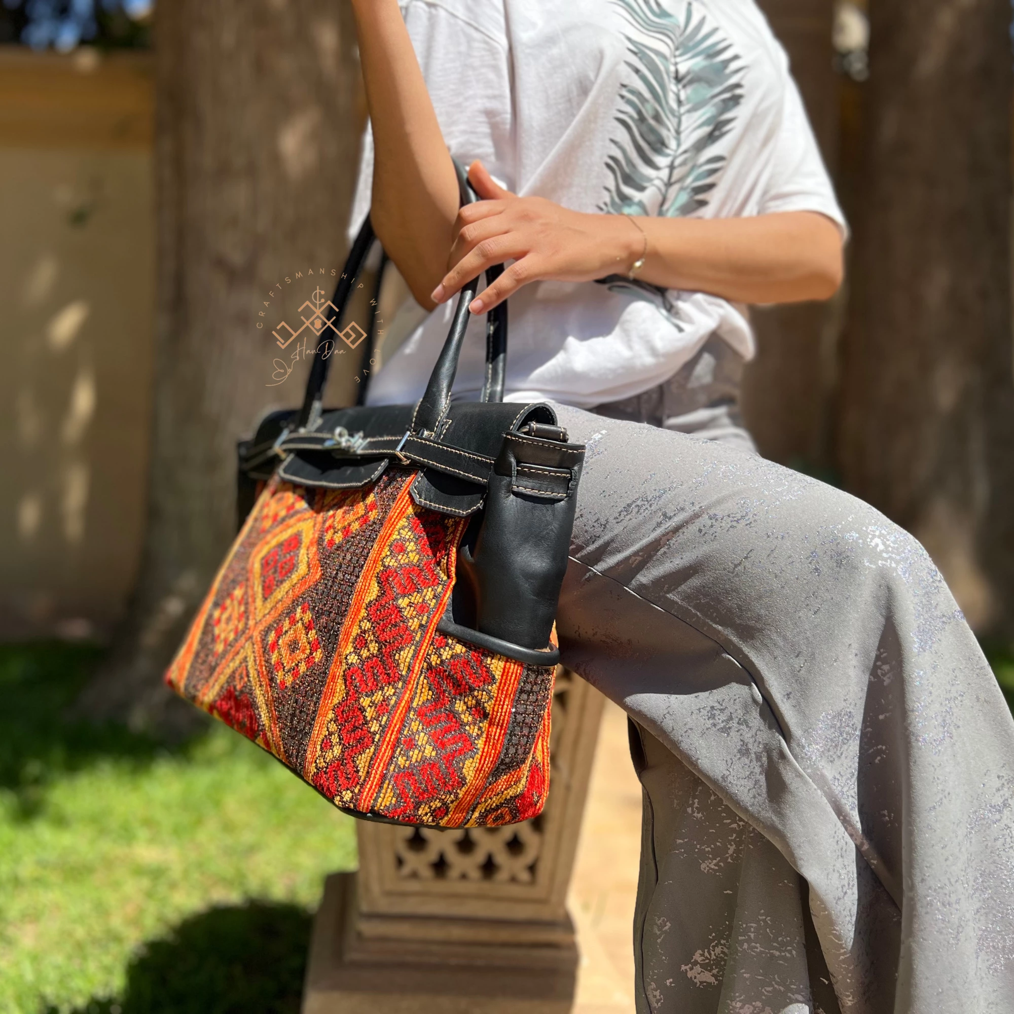 Artisan Black Leather Handbag - Luxe red-orange Kilim Shoulder Bag - Image 4