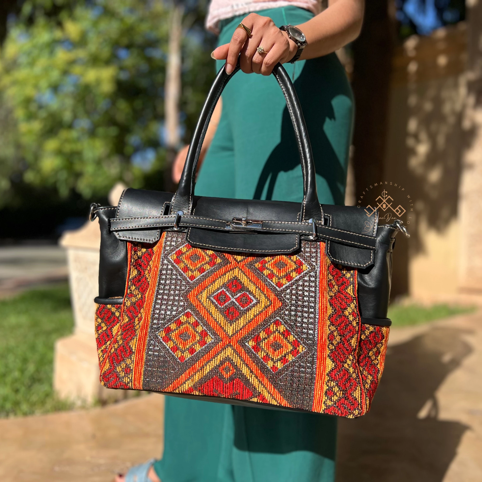 Artisan Black Leather Handbag - Luxe red-orange Kilim Shoulder Bag - Image 7