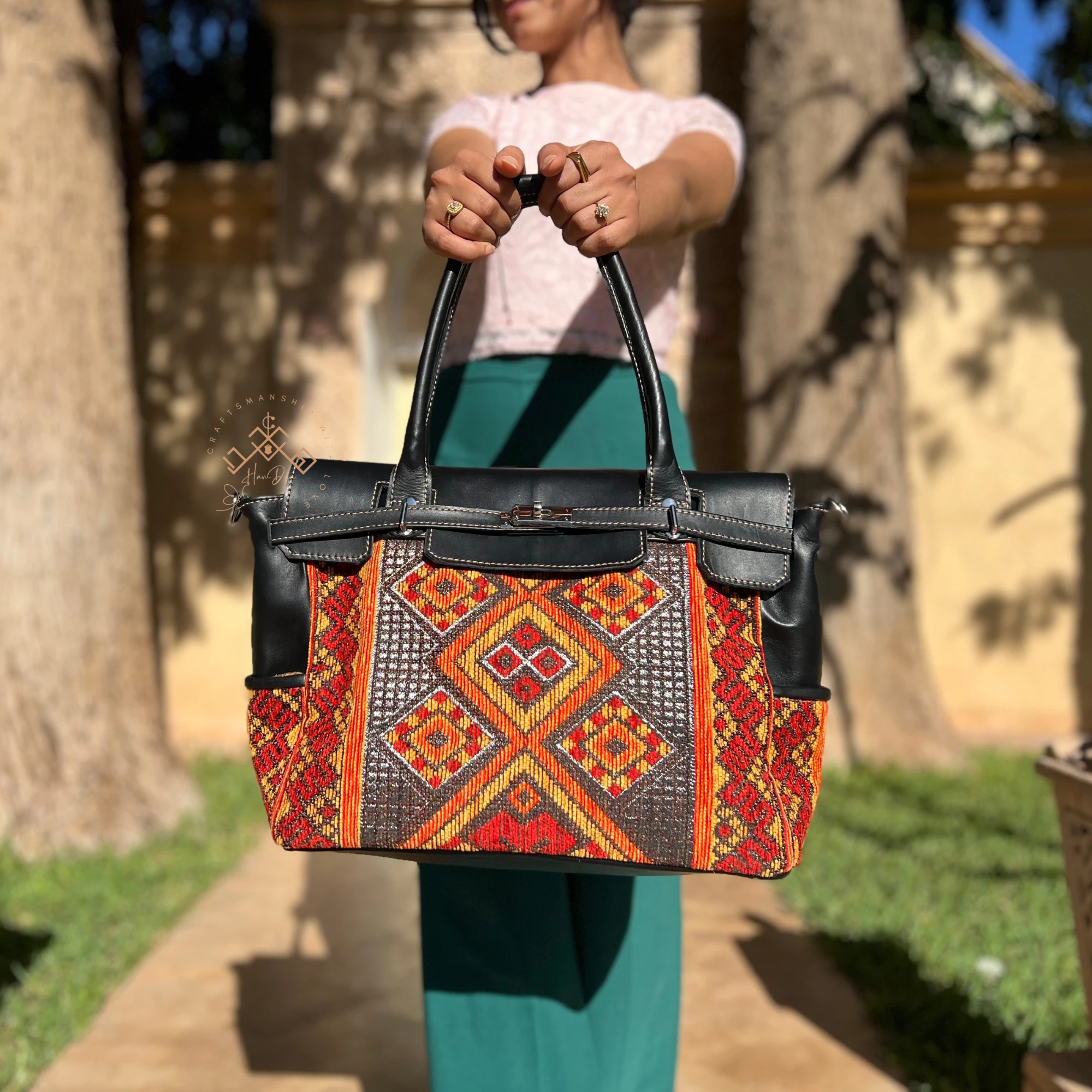 Artisan Black Leather Handbag - Luxe red-orange Kilim Shoulder Bag - Image 3