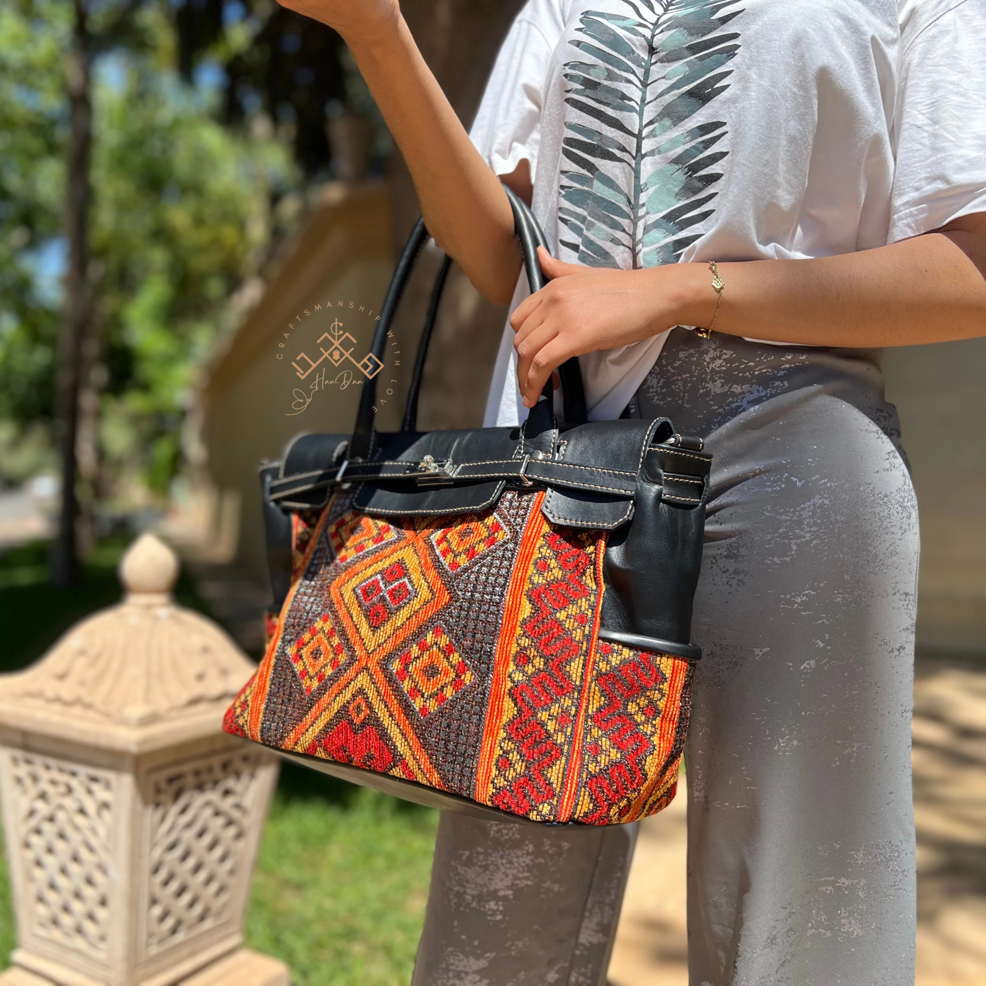 Artisan Black Leather Handbag - Luxe red-orange Kilim Shoulder Bag - Image 8