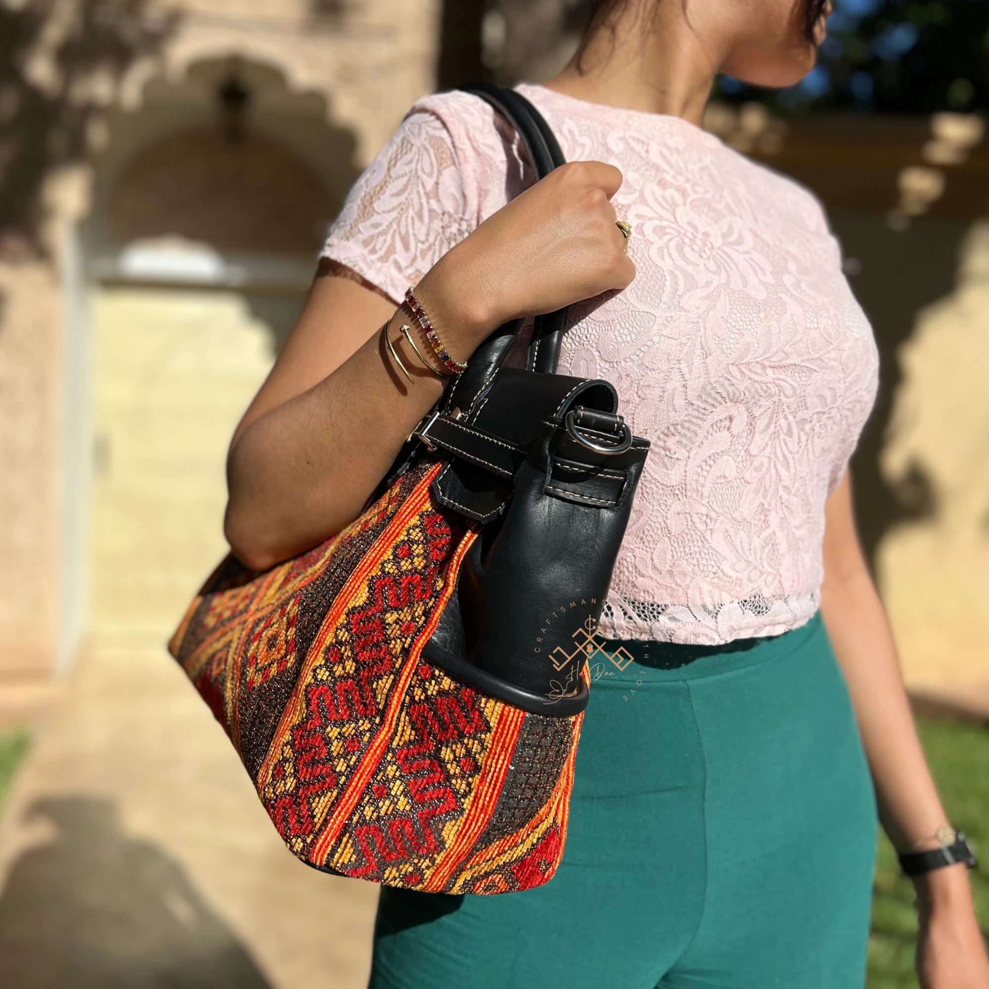 Artisan Black Leather Handbag - Luxe red-orange Kilim Shoulder Bag - Image 6