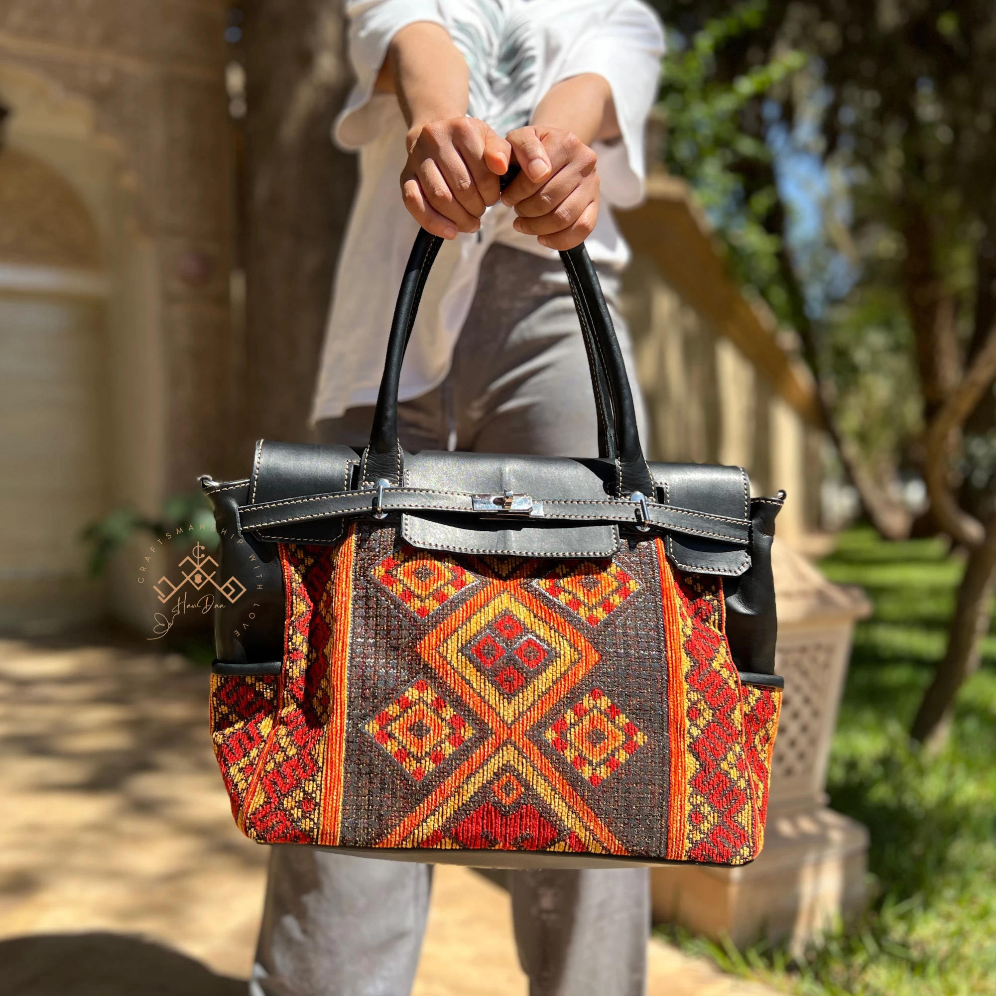 Artisan Black Leather Handbag - Luxe red-orange Kilim Shoulder Bag - Image 9
