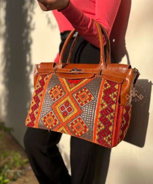 Artisan Brown Leather Handbag - Luxe Red Kilim Shoulder Bag