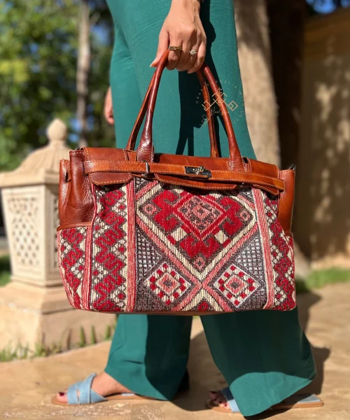 Luxury Brown Leather Handbag - Unique Red Kilim Shoulder Bag