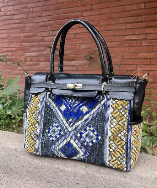 Black Leather & Blue Kilim Handbag - Unique Carpet Tote bags