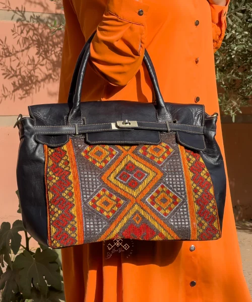 Luxe Kilim Shoulder Bag - Black Leather Unique Handbag
