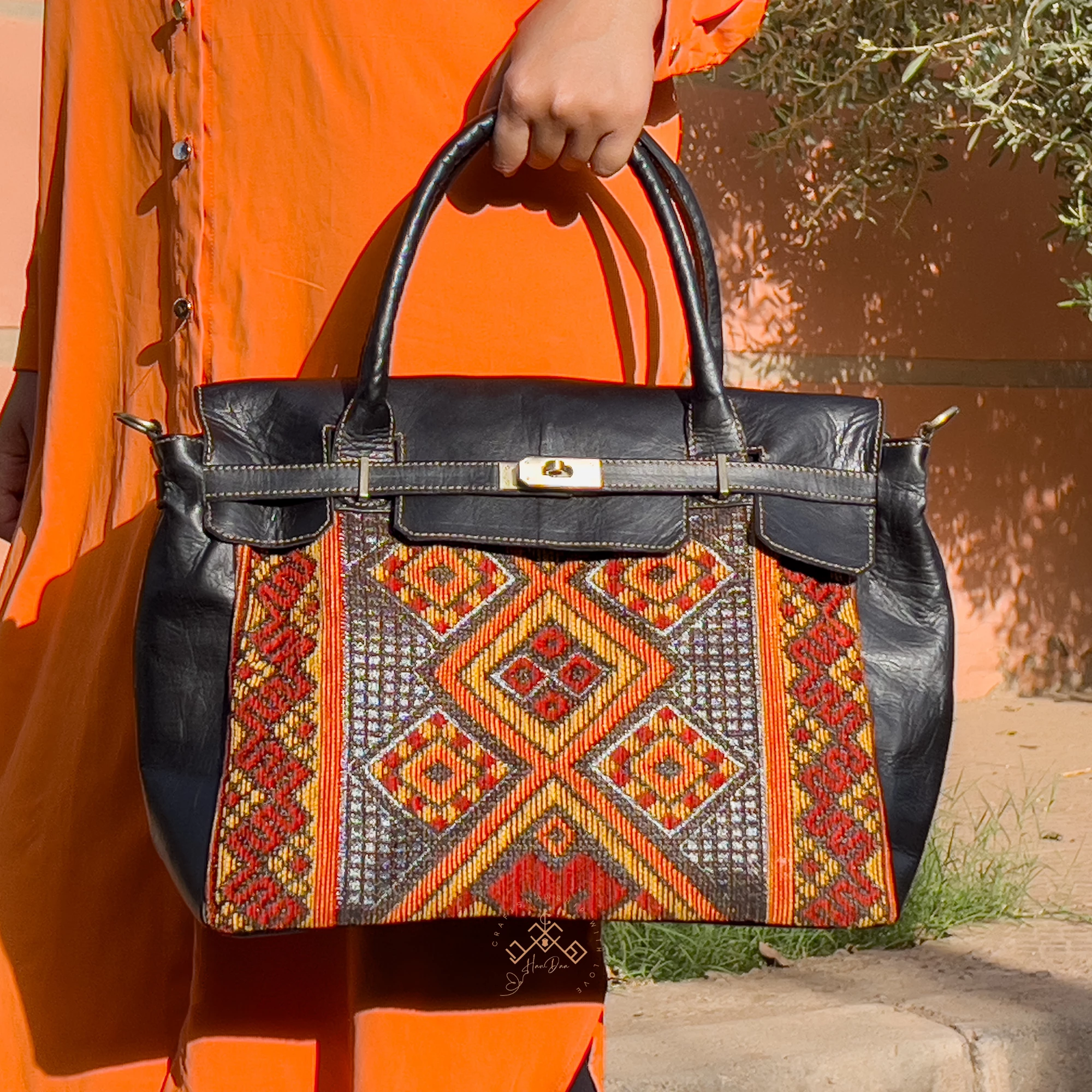 Luxe Kilim Shoulder Bag - Black Leather Unique Handbag - Image 5