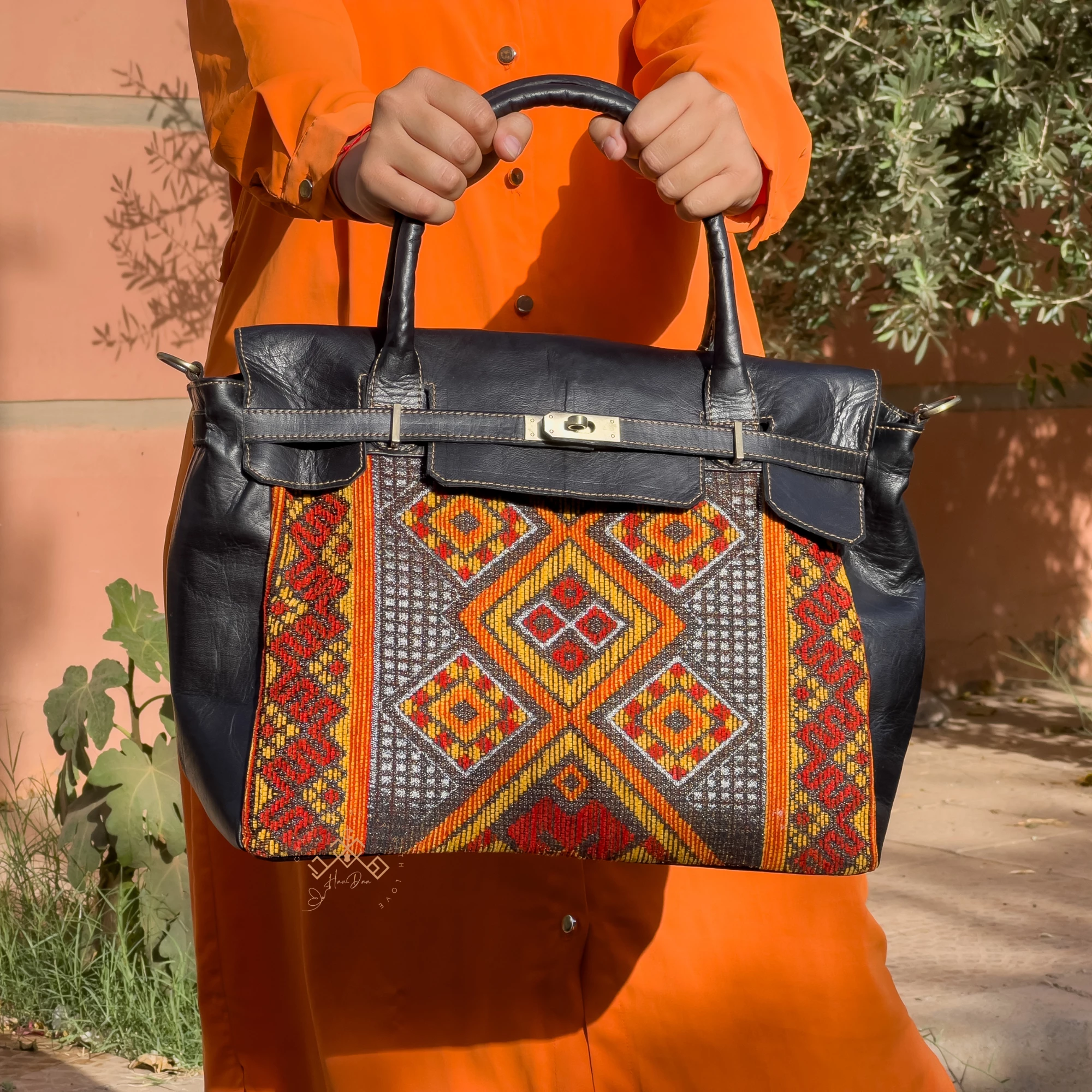 Luxe Kilim Shoulder Bag - Black Leather Unique Handbag - Image 2
