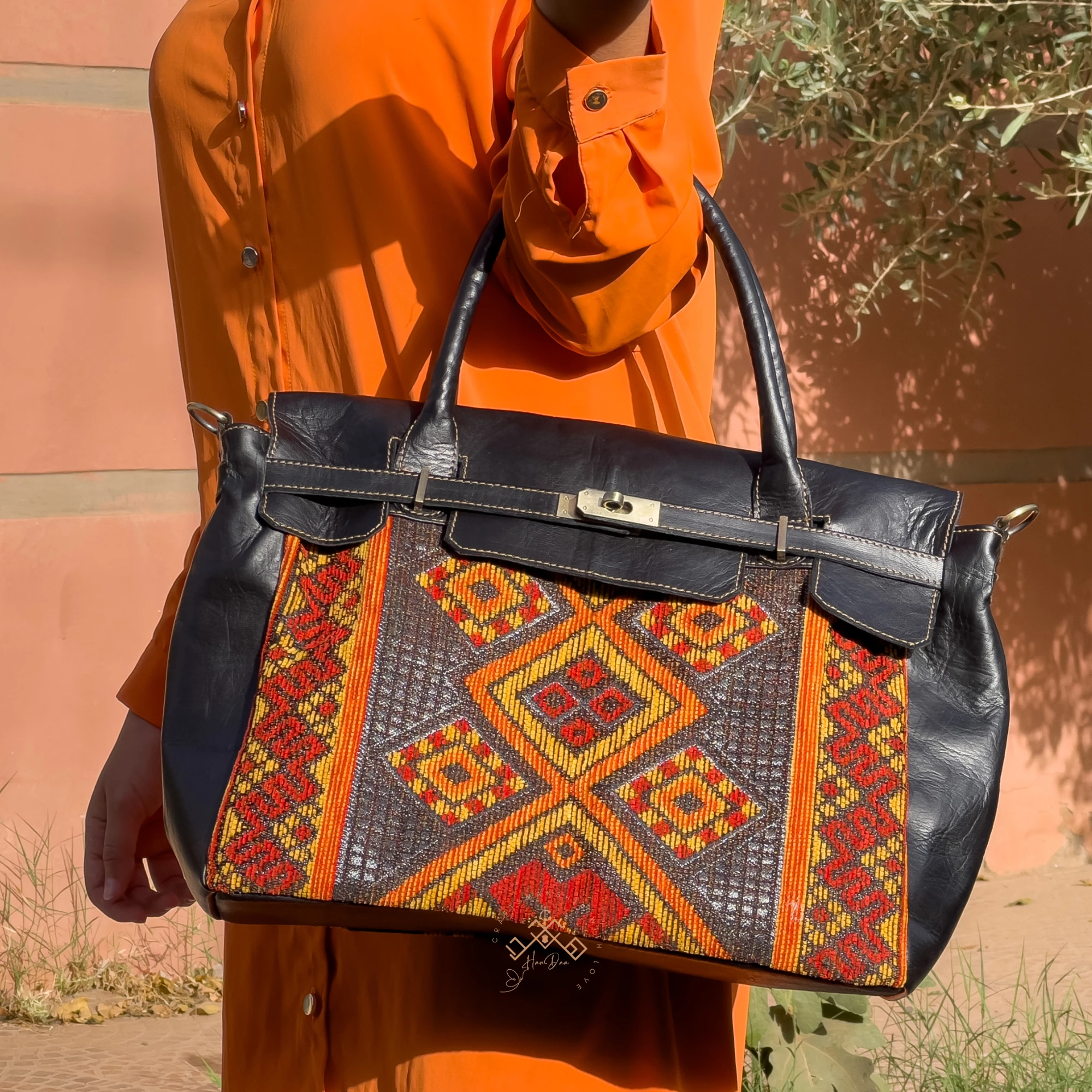 Luxe Kilim Shoulder Bag - Black Leather Unique Handbag - Image 4