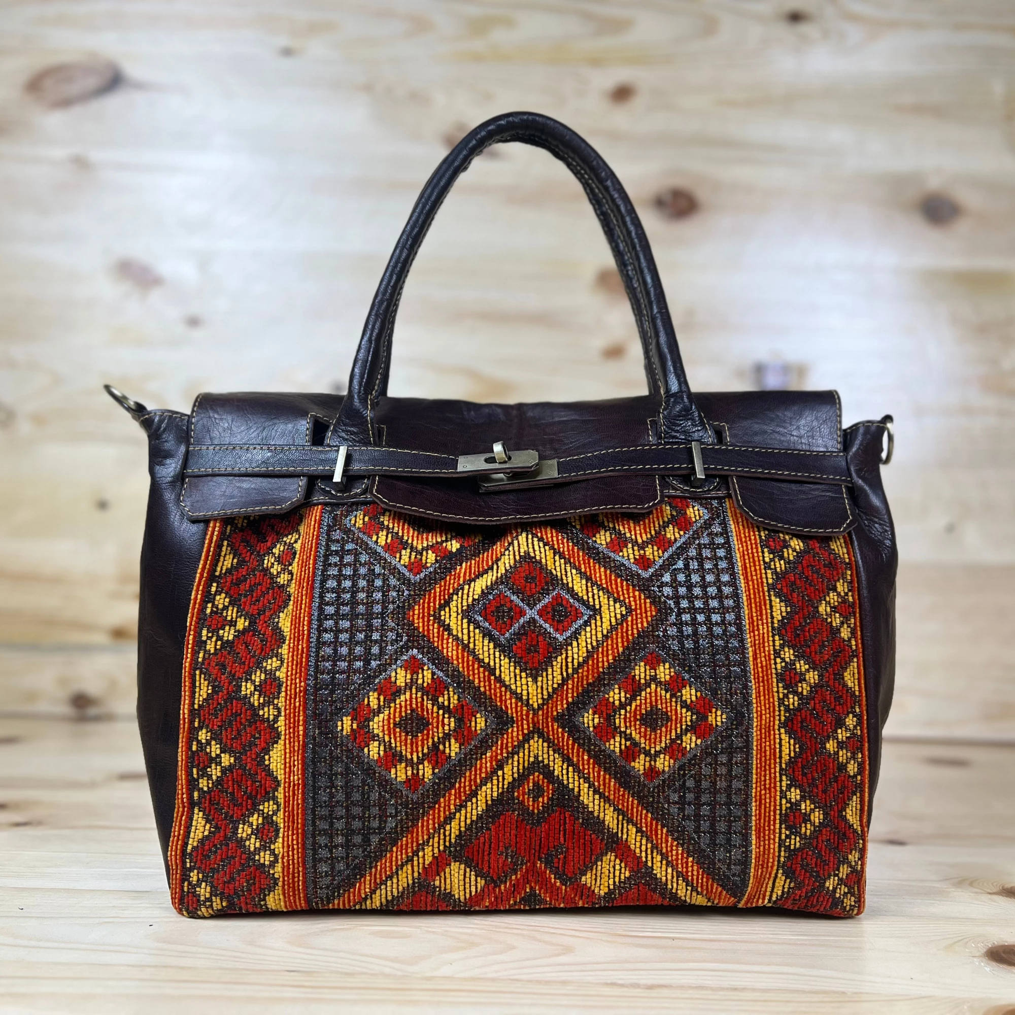 Luxe Kilim Shoulder Bag - Brown Leather Unique Handbag