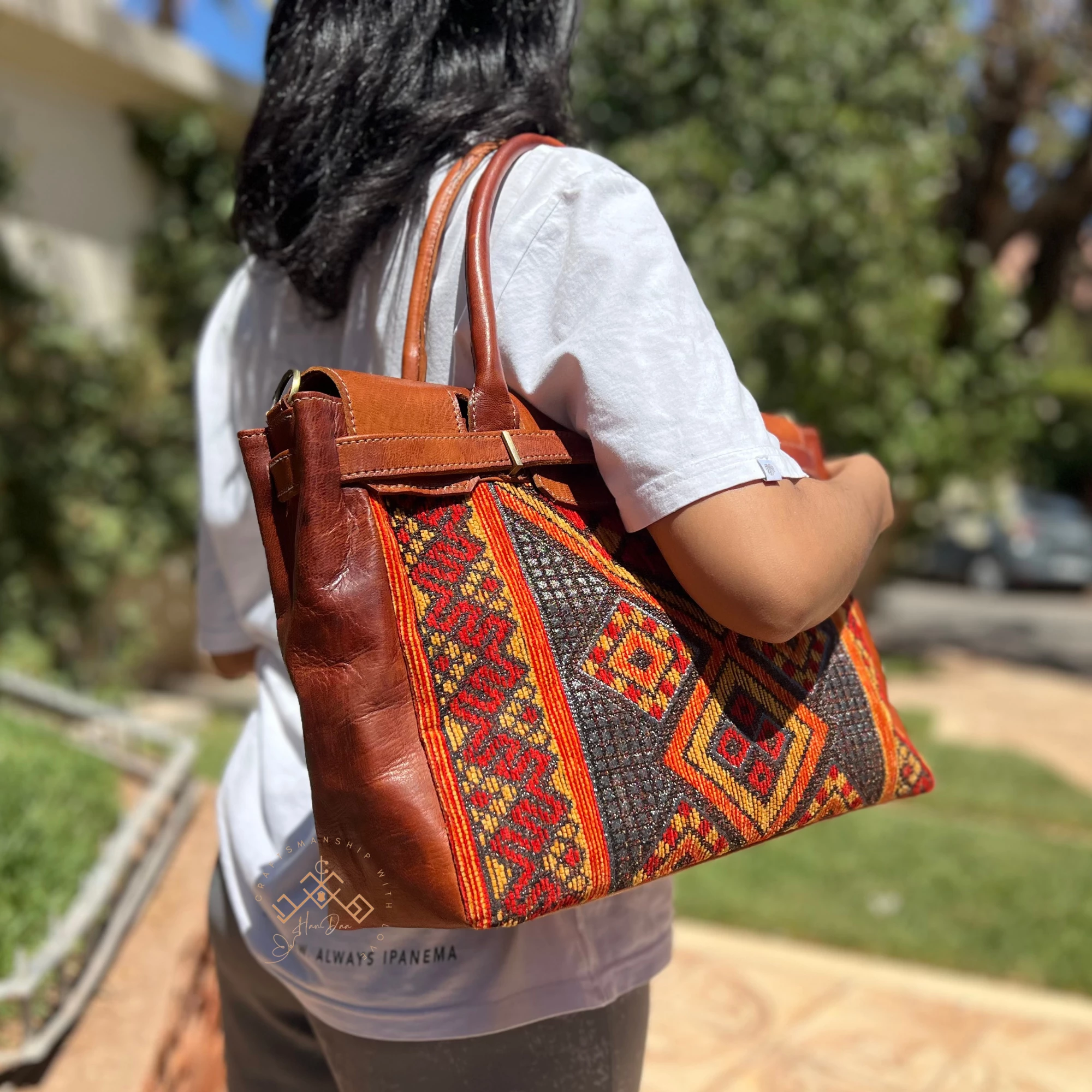 Brown Leather Unique Handbag - Luxe Kilim Shoulder Bag - Image 8