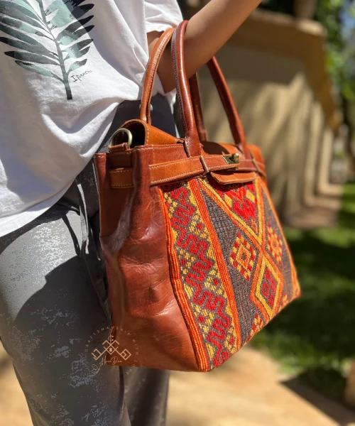 Brown Leather Unique Handbag - Luxe Kilim Shoulder Bag