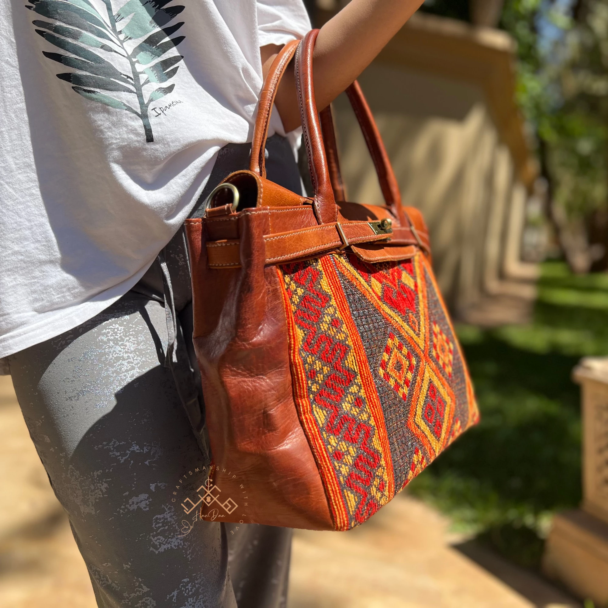 Brown Leather Unique Handbag - Luxe Kilim Shoulder Bag