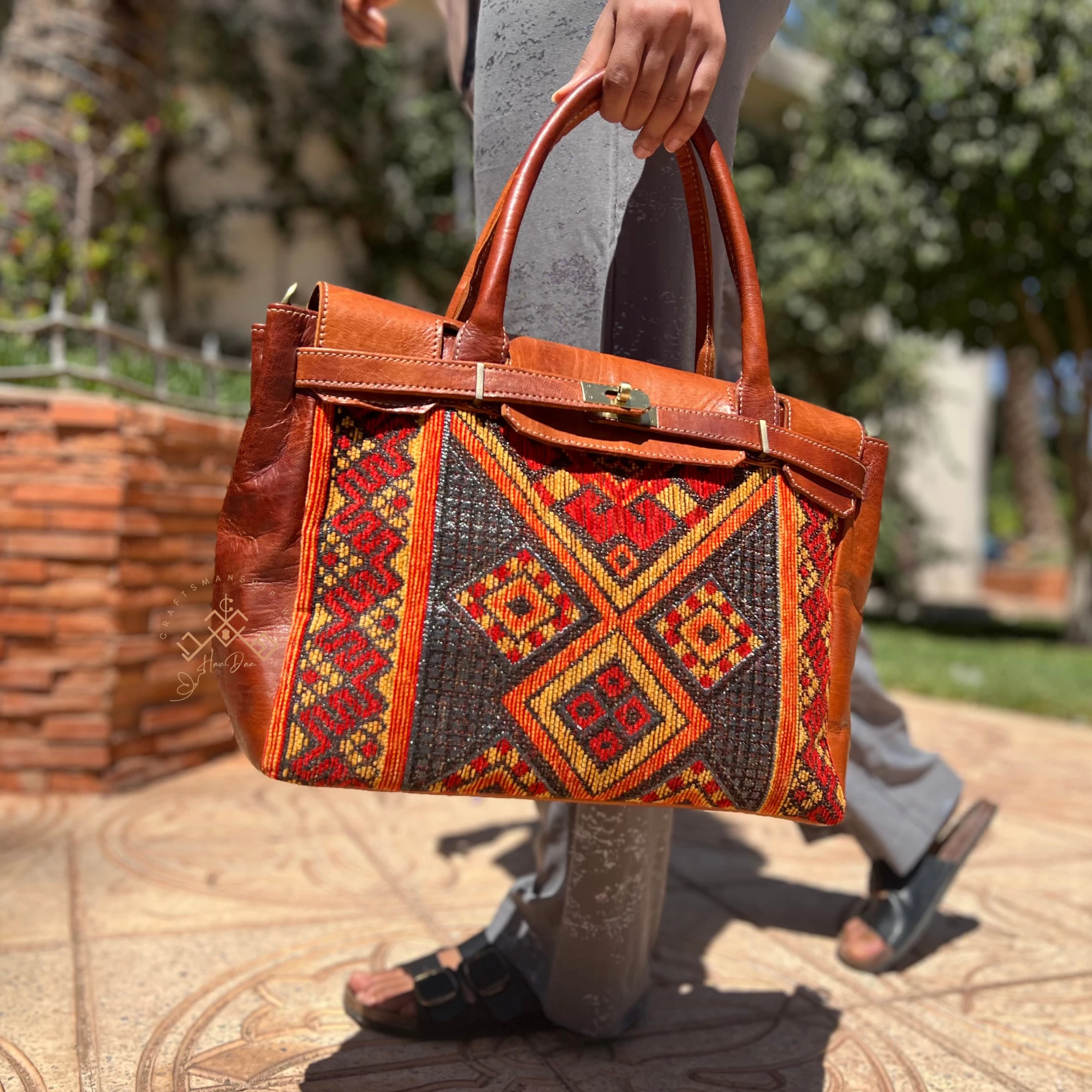Brown Leather Unique Handbag - Luxe Kilim Shoulder Bag - Image 2