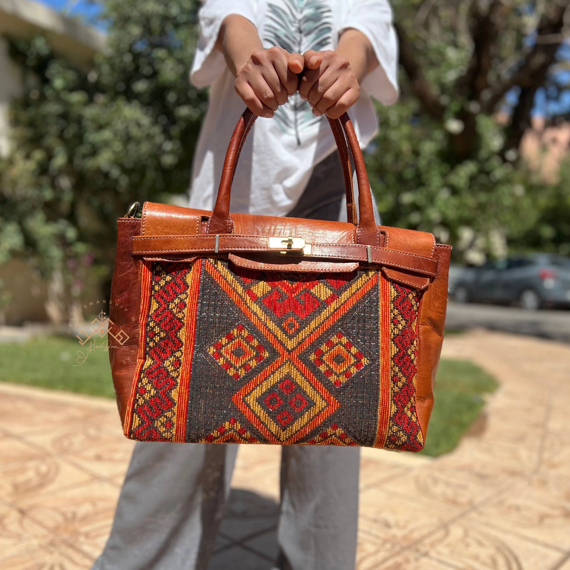 Brown Leather Unique Handbag - Luxe Kilim Shoulder Bag - Image 5