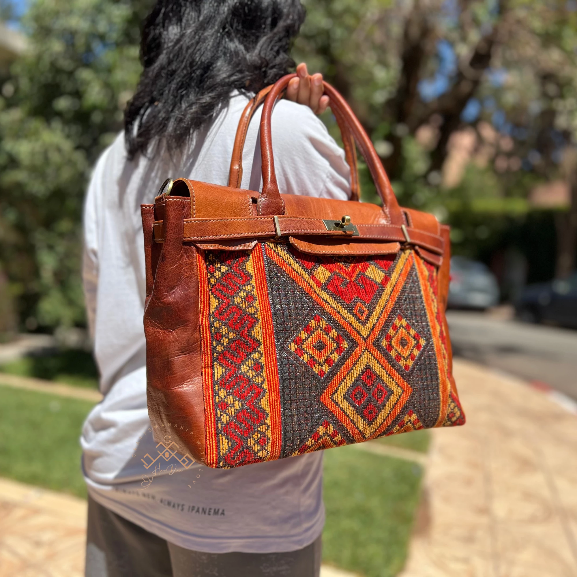 Brown Leather Unique Handbag - Luxe Kilim Shoulder Bag - Image 6