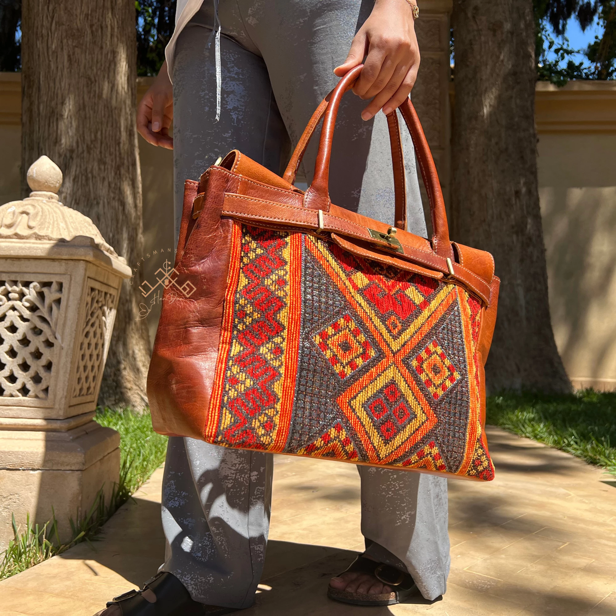 Brown Leather Unique Handbag - Luxe Kilim Shoulder Bag - Image 4