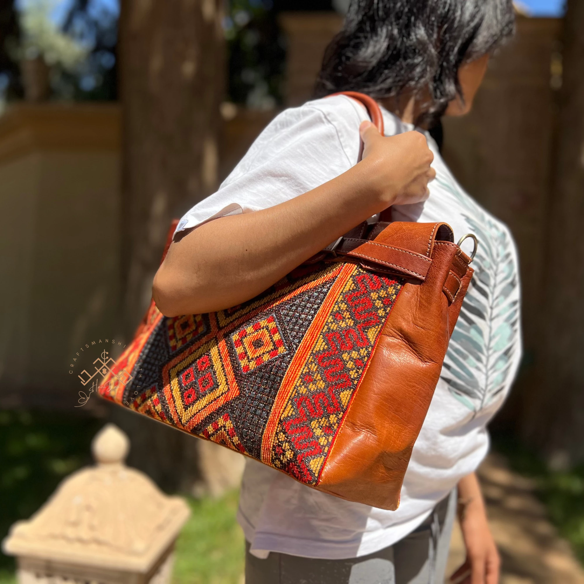 Brown Leather Unique Handbag - Luxe Kilim Shoulder Bag - Image 3