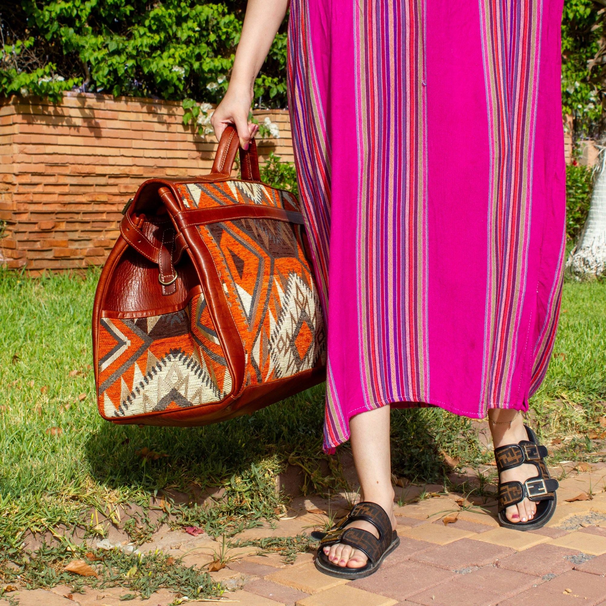 Handmade Brown Kilim Travel Leather Bag - Vintage Style weekender Bag - Image 7