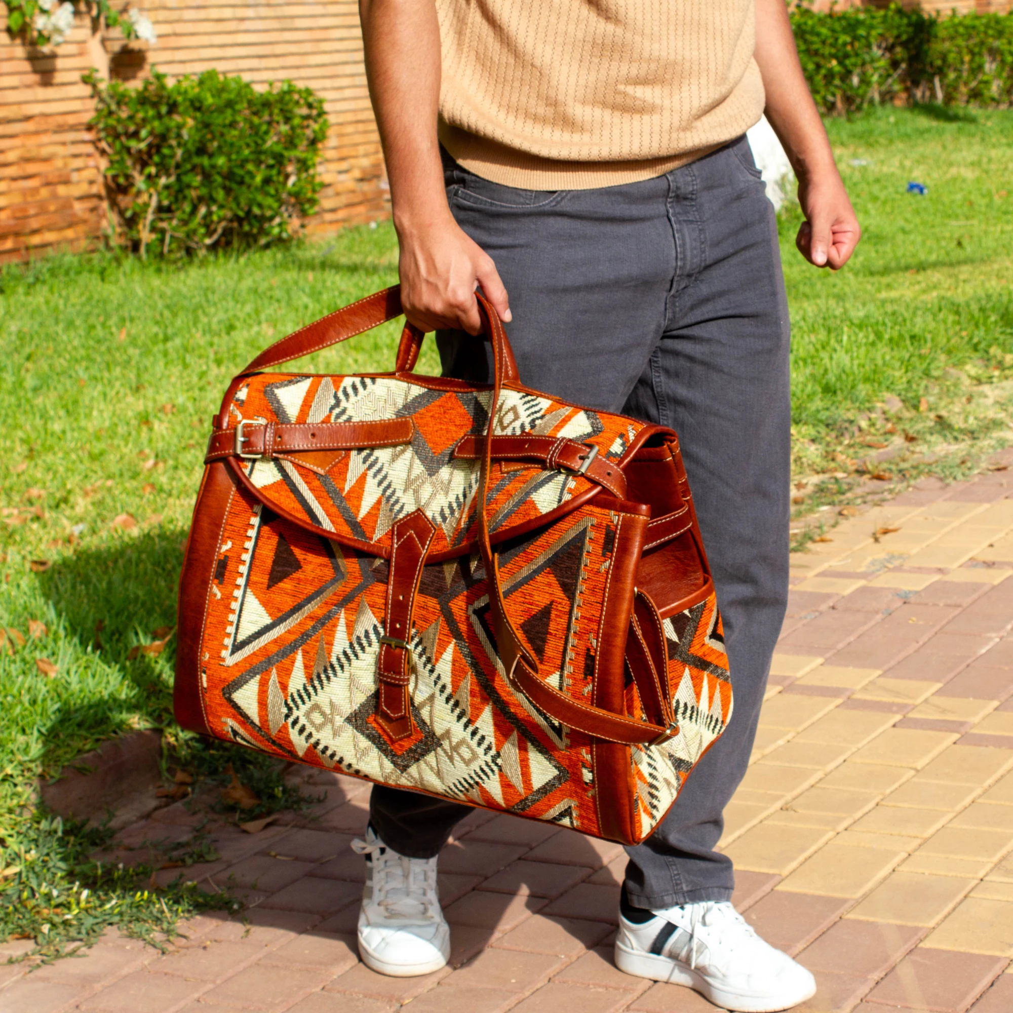 Handmade Brown Kilim Travel Leather Bag - Vintage Style weekender Bag - Image 3