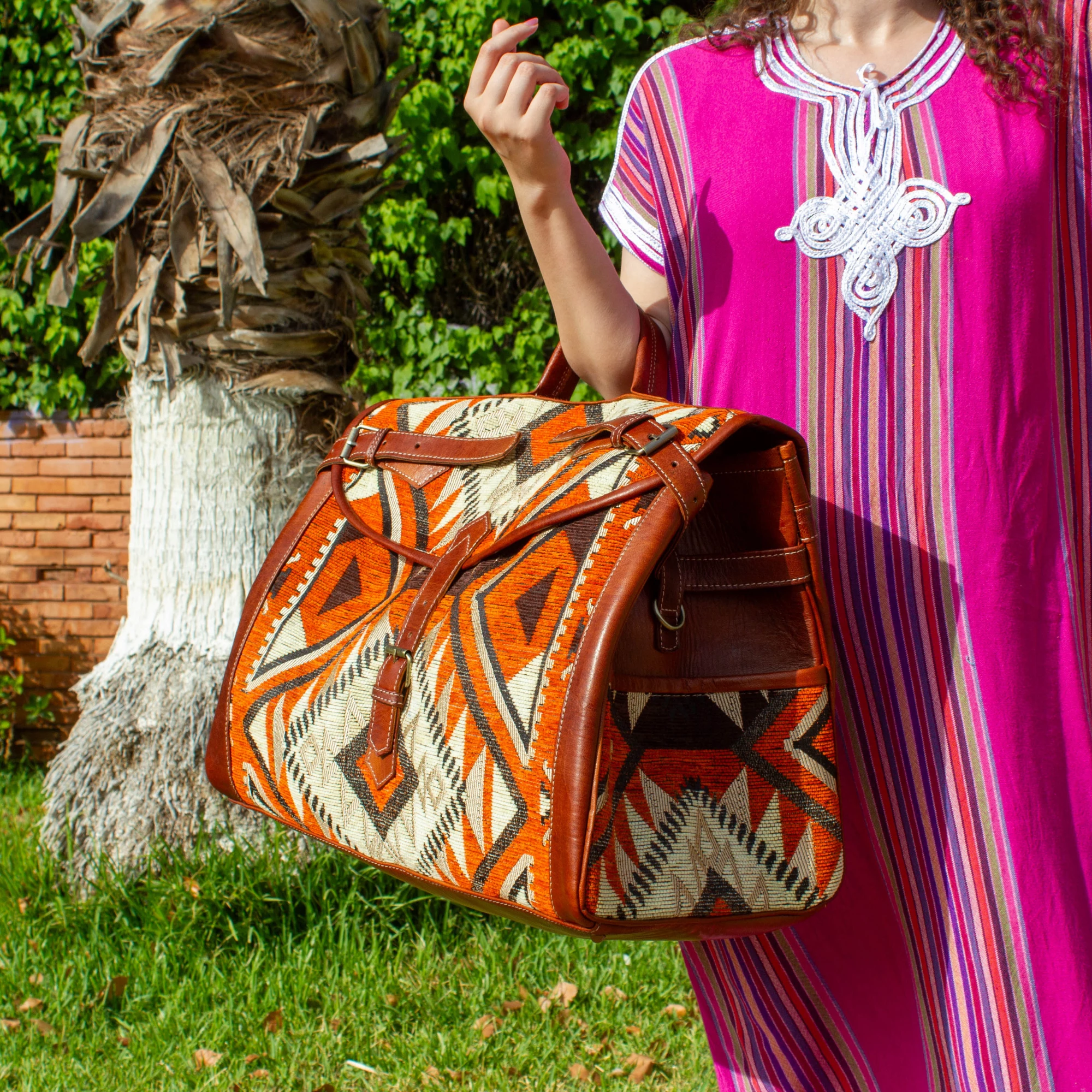 Handmade Brown Kilim Travel Leather Bag - Vintage Style weekender Bag