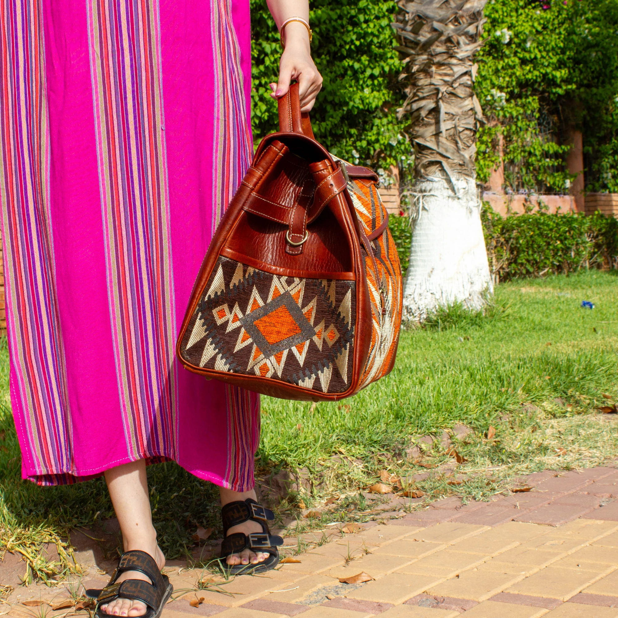 Handmade Brown Kilim Travel Leather Bag - Vintage Style weekender Bag - Image 5