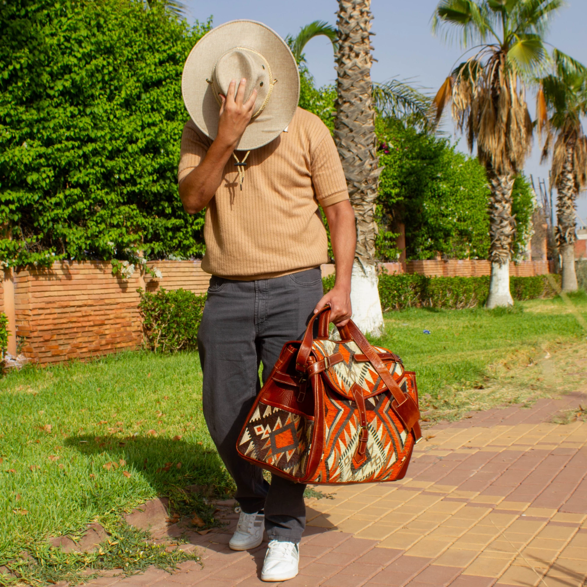 Handmade Brown Kilim Travel Leather Bag - Vintage Style weekender Bag - Image 6