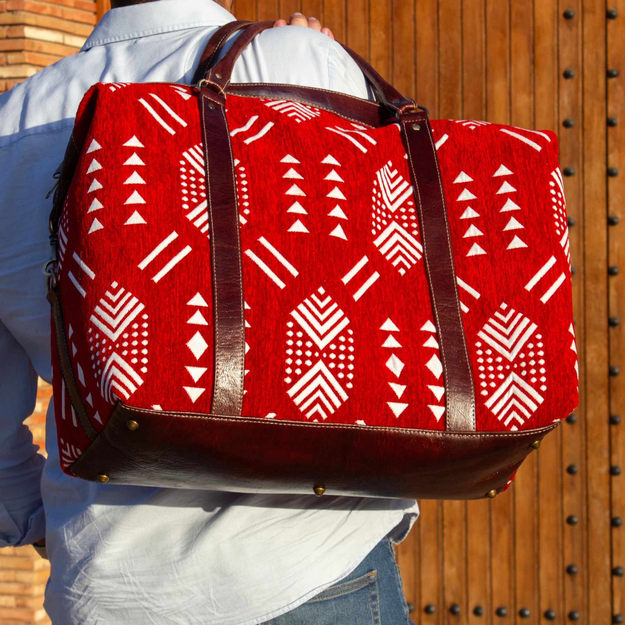 Handmade Red Kilim Travel Leather Bag - Vintage Style weekender Bag - Image 13