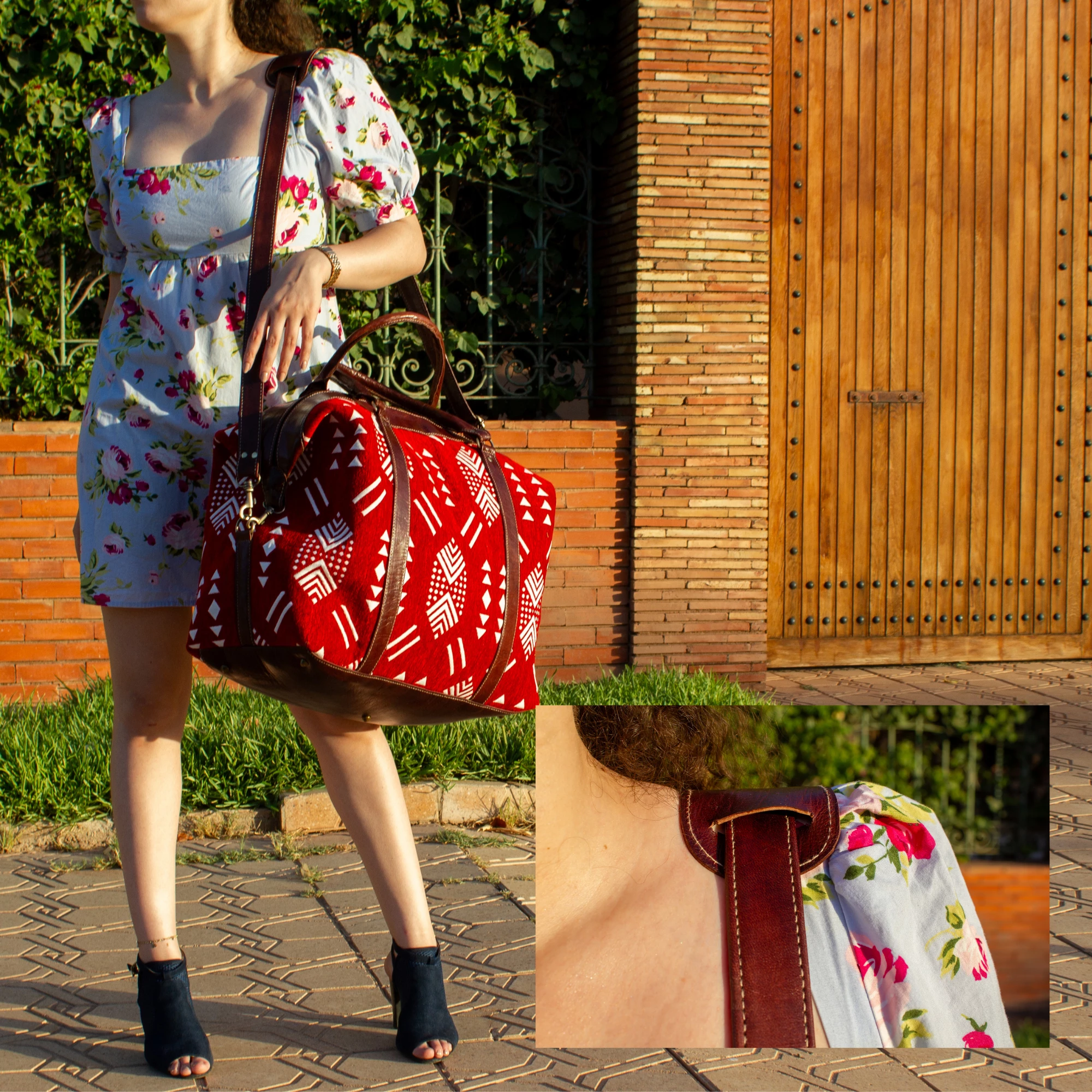Handmade Red Kilim Travel Leather Bag - Vintage Style weekender Bag - Image 9