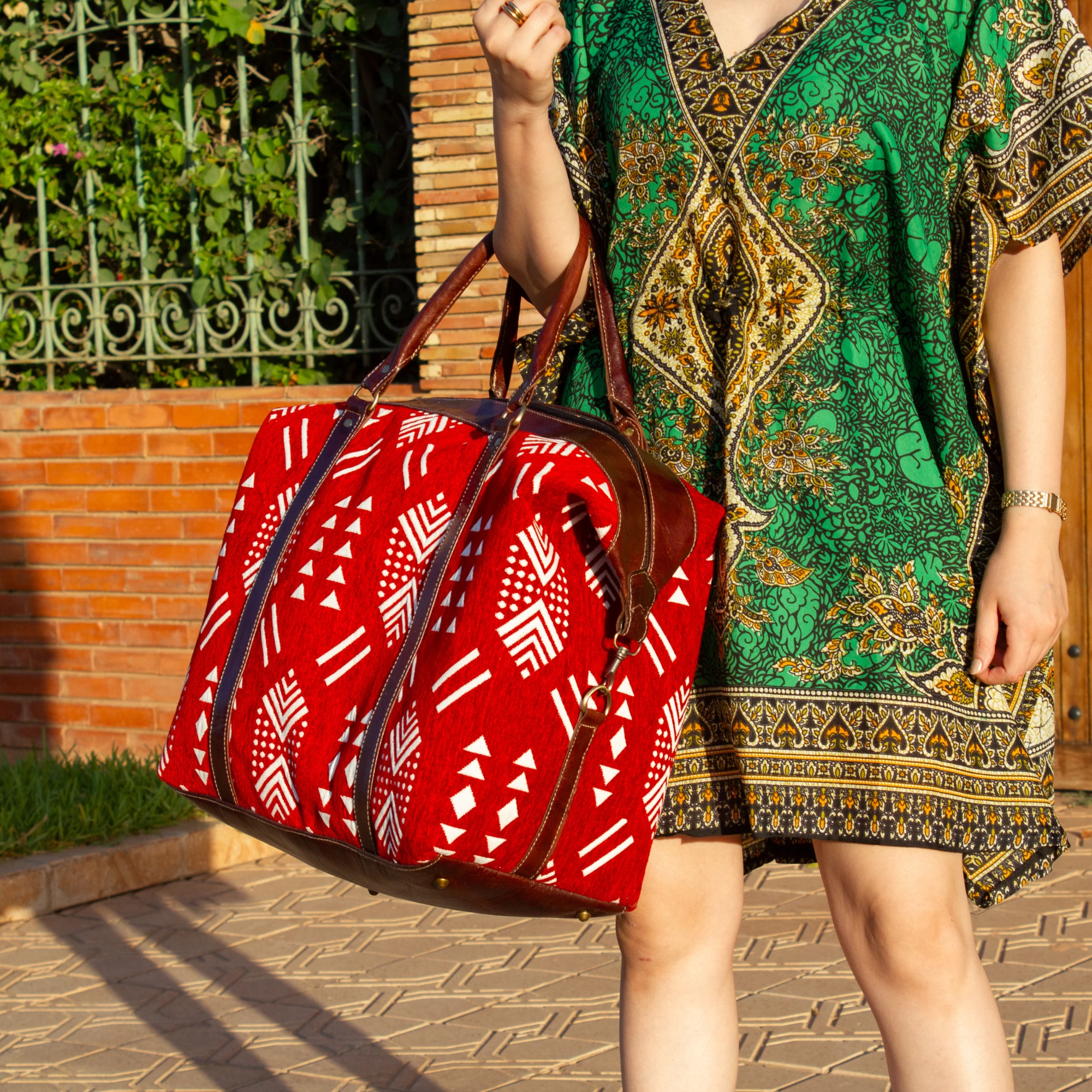 Handmade Red Kilim Travel Leather Bag - Vintage Style weekender Bag - Image 2