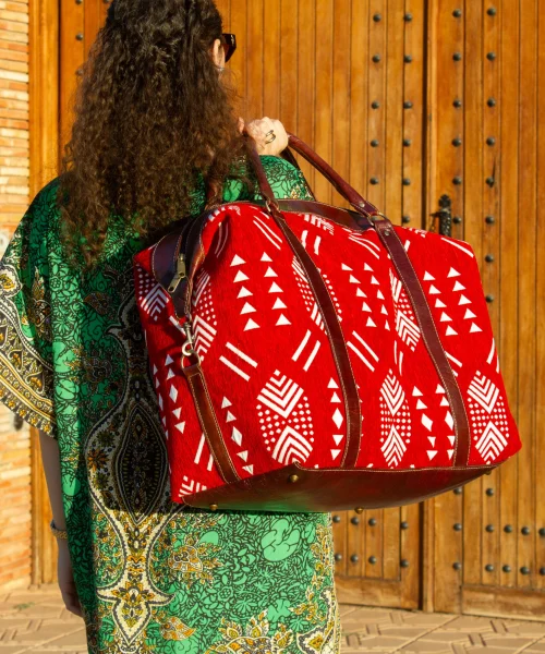 Handmade Red Kilim Travel Leather Bag - Vintage Style weekender Bag