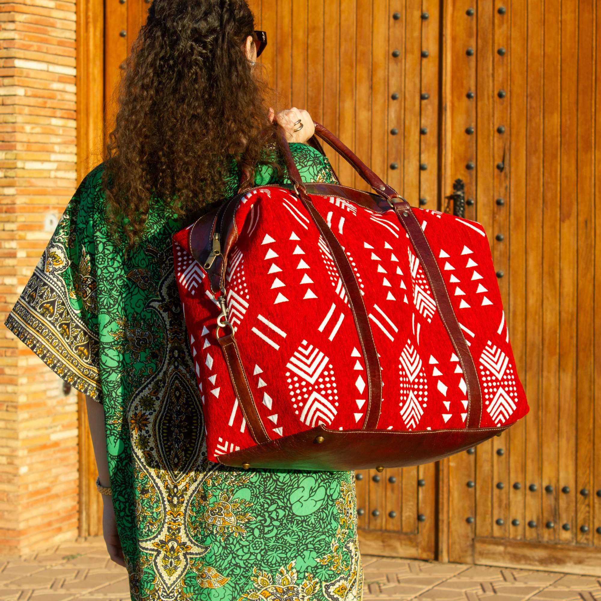 Handmade Red Kilim Travel Leather Bag - Vintage Style weekender Bag