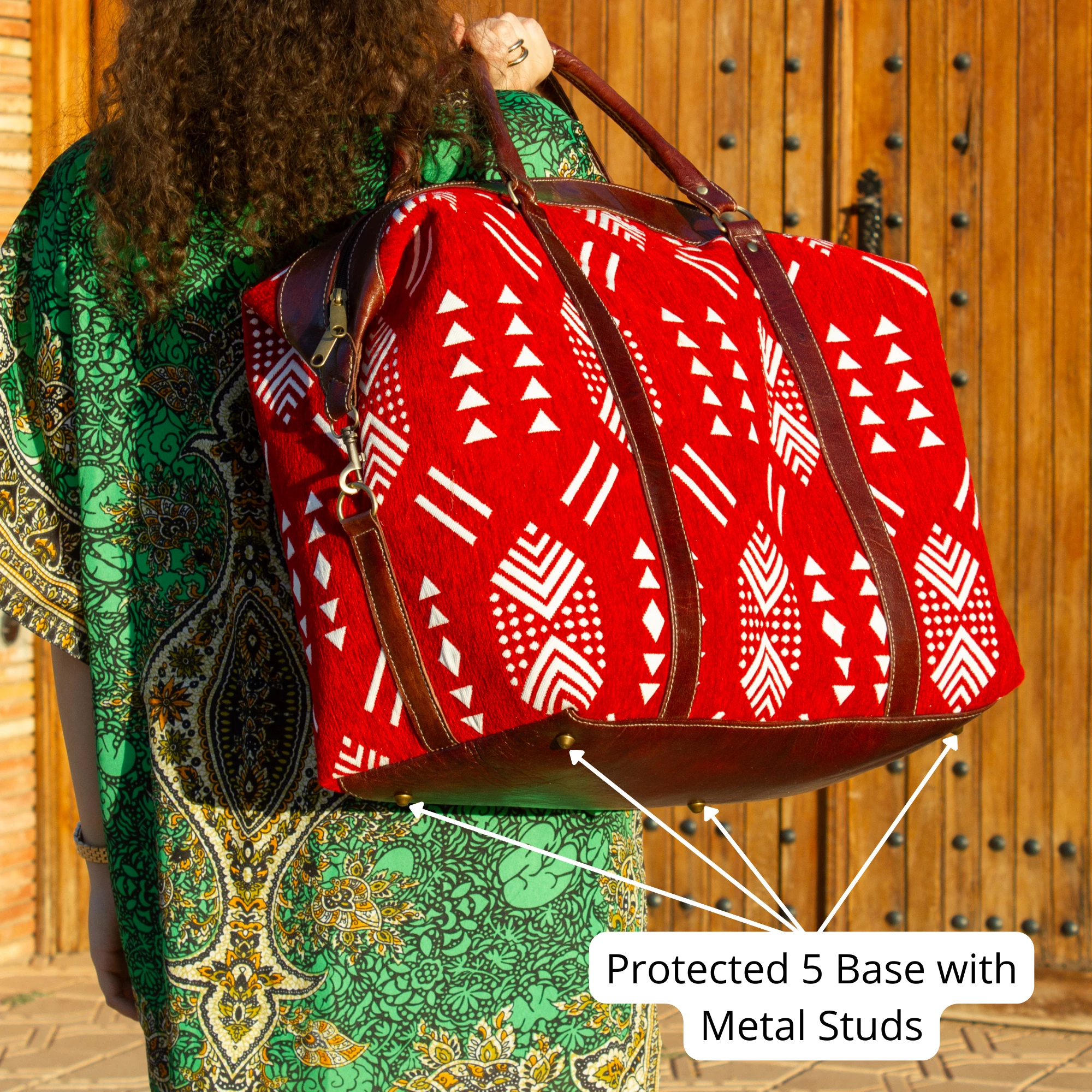 Handmade Red Kilim Travel Leather Bag - Vintage Style weekender Bag - Image 5