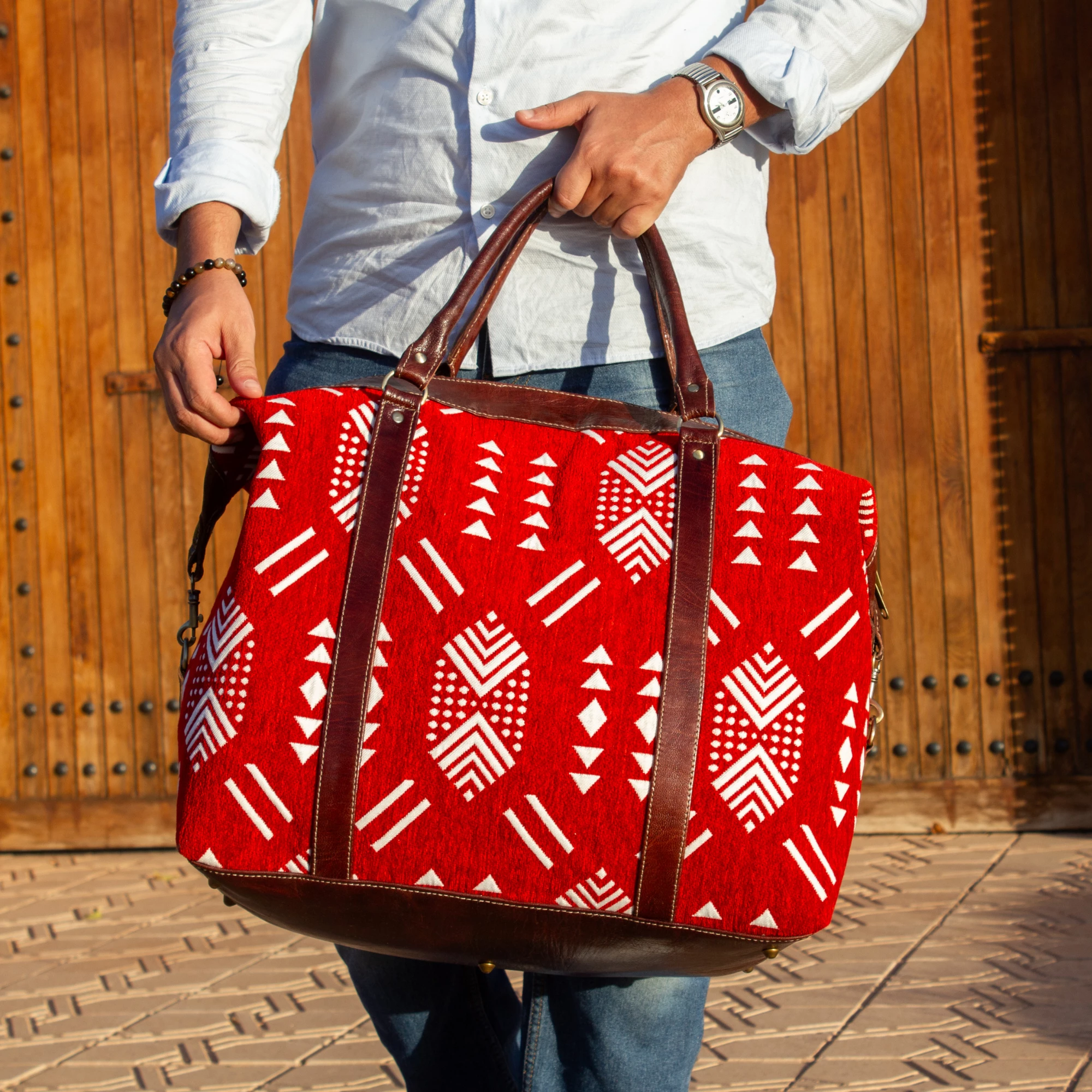 Handmade Red Kilim Travel Leather Bag - Vintage Style weekender Bag - Image 11