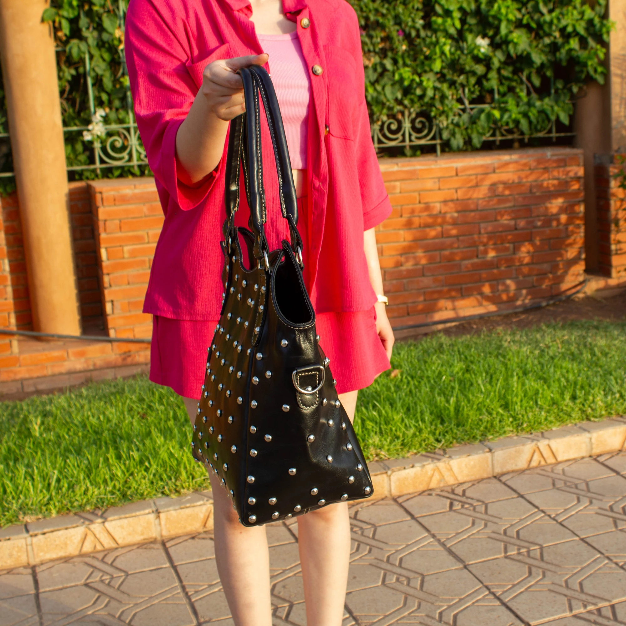 Black Leather Shoulder Bag with Rivets - Edgy Luxury Tote - Image 6