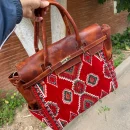 Moroccan Leather Kilim Handbag - Boho Red Carpet Tote Bag