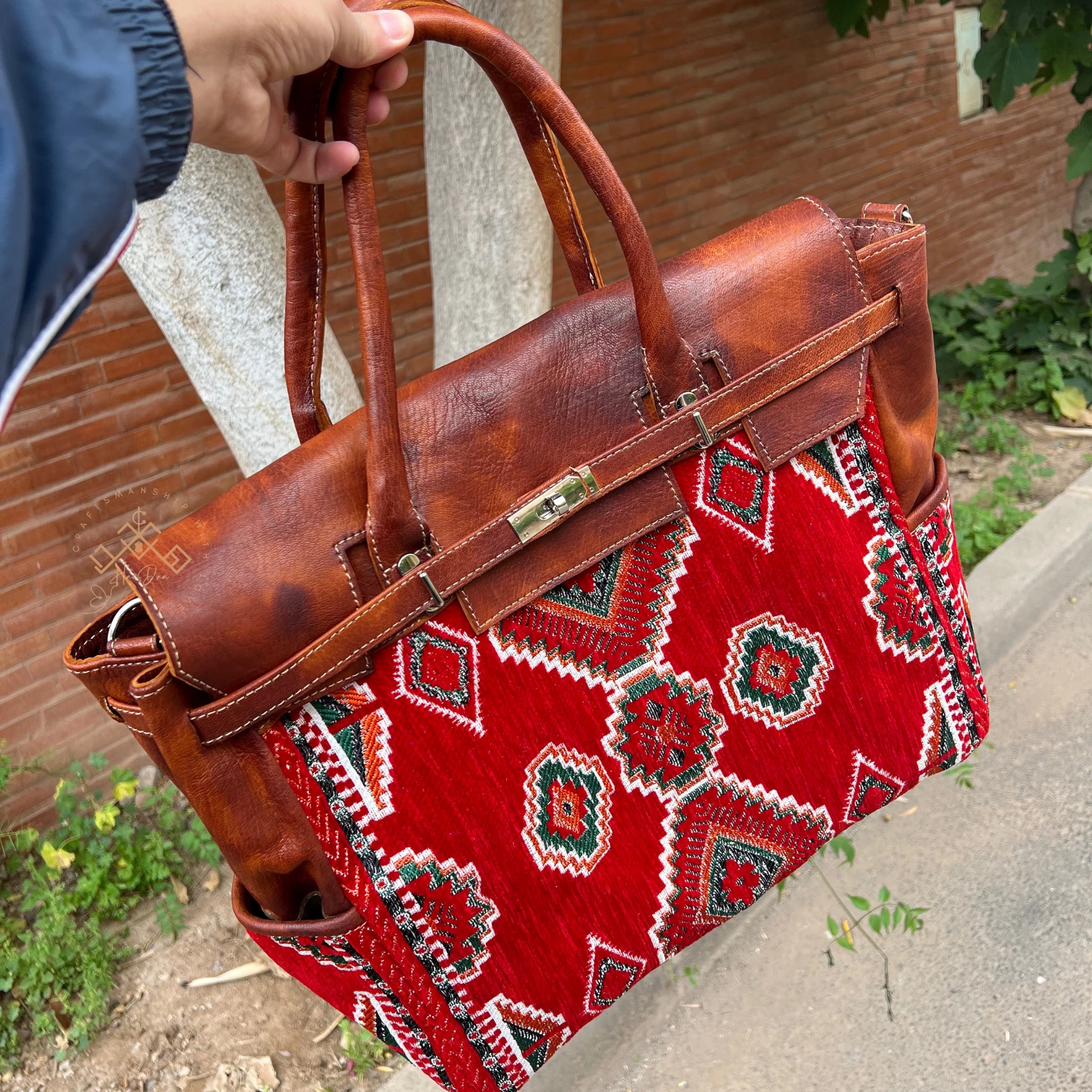 Moroccan Leather Kilim Handbag - Boho Red Carpet Tote Bag - Image 2
