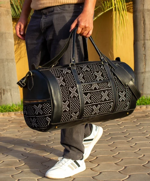 Large Black Leather Kilim Weekender Bag - Moroccan Travel Duffel