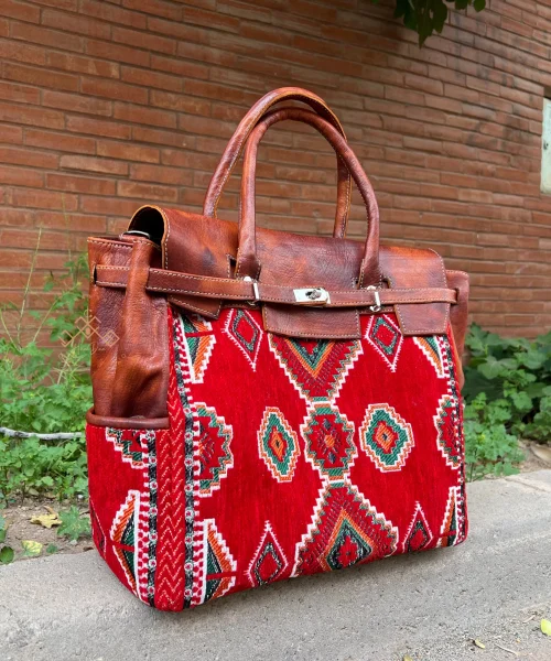 Moroccan Leather Kilim Handbag - Boho Red Carpet Tote Bag