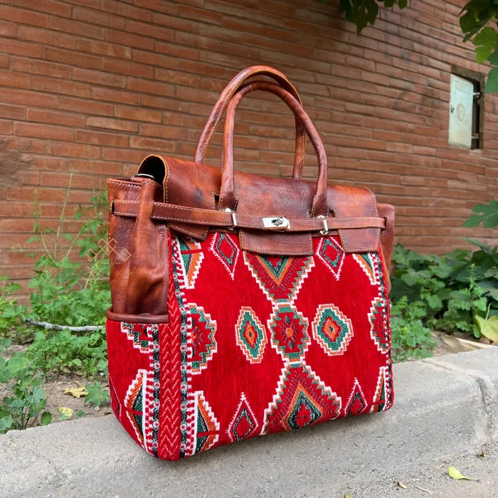 Moroccan Leather Kilim Handbag - Boho Red Carpet Tote Bag
